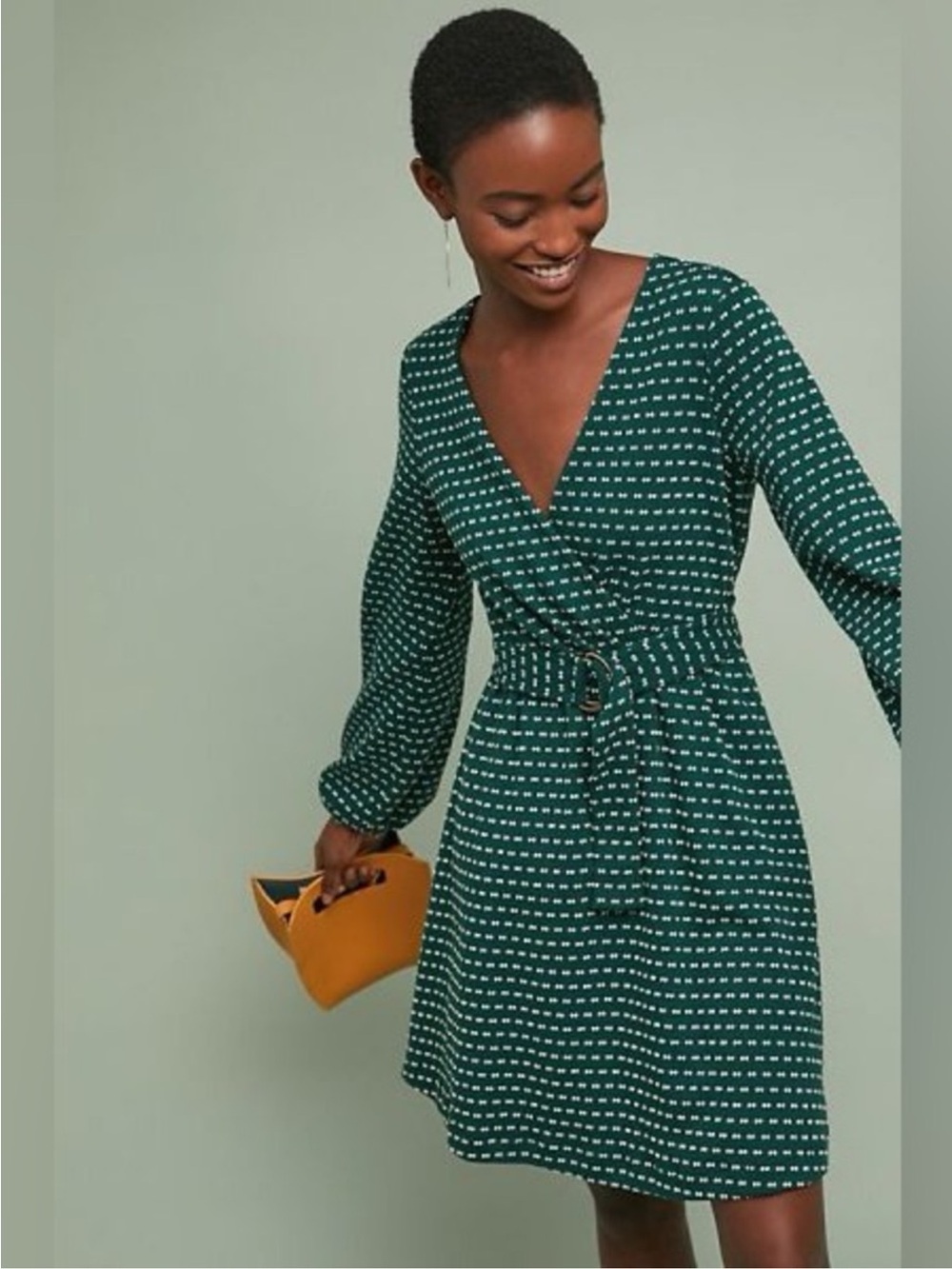 Mauve Dark Green Printed Wrap Dress with Belt